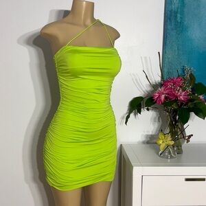superdown Neon Lime One-Shoulder Ruched Mini Dress